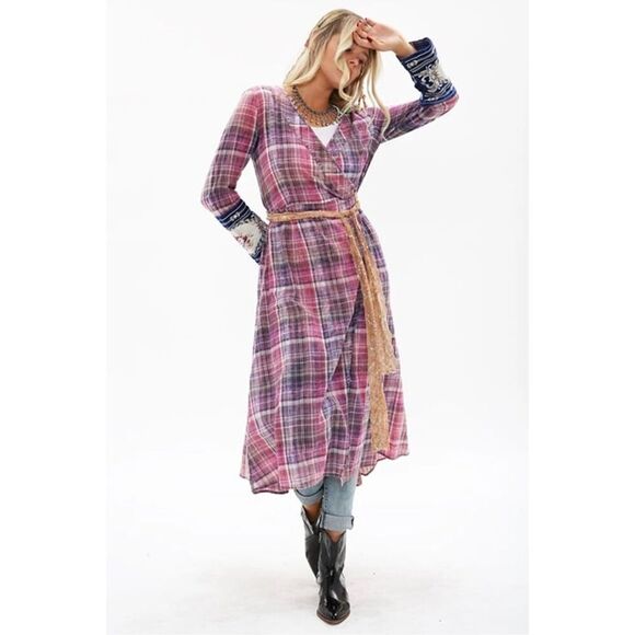 Aratta Silent Journey Boho Plaid Purple Pink Wrap Dress Size XS - Picture 1 of 12